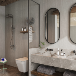 Ambiente con panel SPC FastPanel Travertino Satin - elegancia natural en tonos tierra
